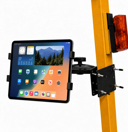 AGOZ iPad Tablet Mount Holder for Forklifts with adjustable cradle, arm clamp, and mounting bracket plates shown on a forklift frame.
