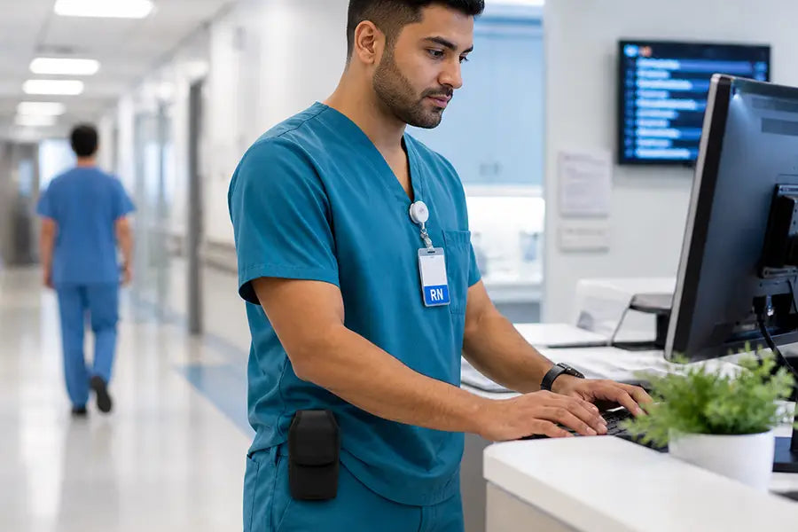 Healthcare worker wearing an Ascom Smart Handset holster clipped to scrubs at a hospital workstation