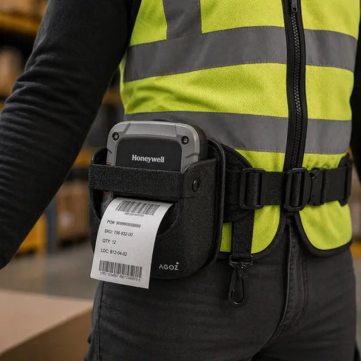 Close-up of an AgozTech waist belt carrying case holding a Honeywell RP4f mobile printer while worn by a warehouse worker in a high-visibility vest, with a shipping label printing out.