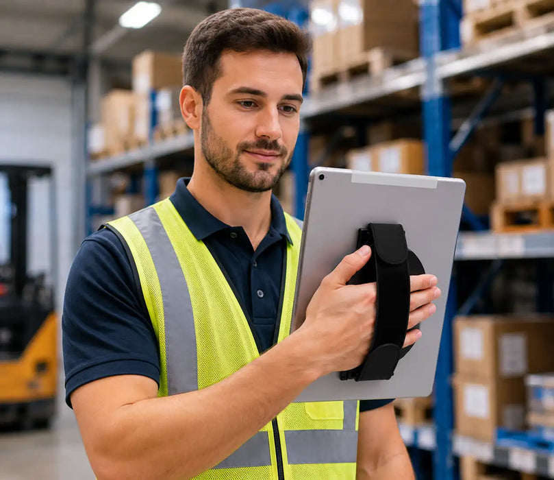 warehouse employee holding honeywell tablet with a handgrip