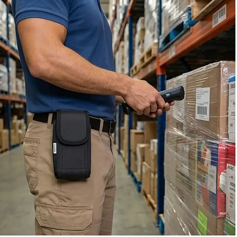 Warehouse worker wearing an AgozTech rugged CipherLab handheld case with belt clip while scanning pallet labels during inventory handling.