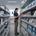 Worker using a Unitech mobile computer with a belt-mounted Agoz case during department inventory tasks in a retail stockroom.