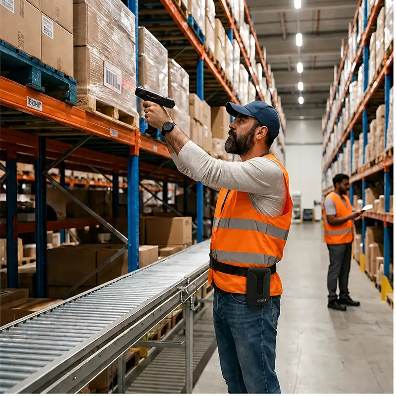 Warehouse worker scanning inventory with a trigger-handle scanner while wearing an AgozTech Chainway scanner holster on a waist belt for hands-free warehouse operations.