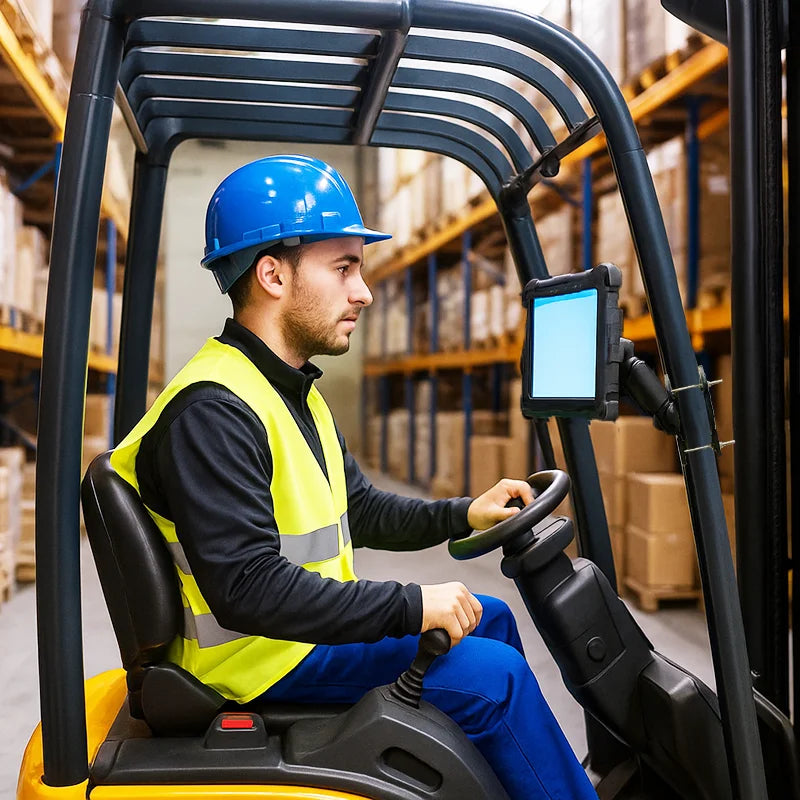 Warehouse forklift operator using the AGOZ iPad Tablet Mount Holder for Forklifts to keep a tablet visible during operation.