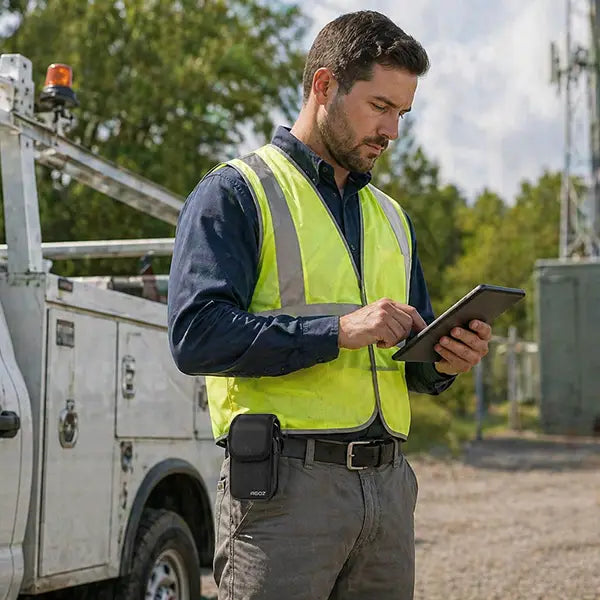 Field operations worker wearing an AgozTech black canvas Cisco wireless phone case on a waist belt at an outdoor utility worksite.