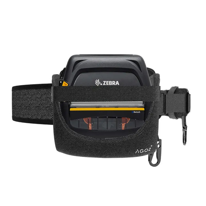 Zebra ZQ521 mobile printer secured in an AgozTech waist belt carrying case, front view on a white background.