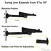 Agoz Seiko SII printer pole-mount arm shown in 9-inch retracted and 14-inch extended positions with multiple locking points.