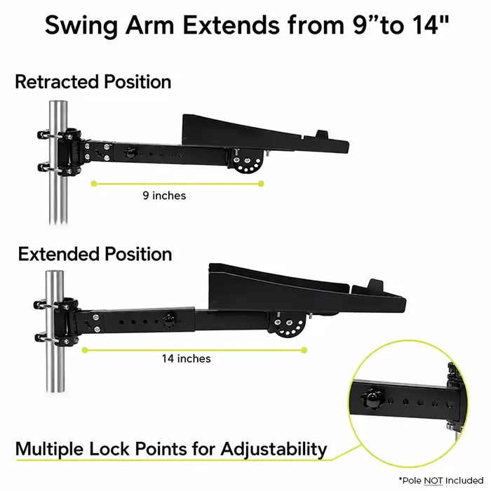Agoz TSC printer pole-mount arm shown in 9-inch retracted and 14-inch extended positions with multiple locking points.