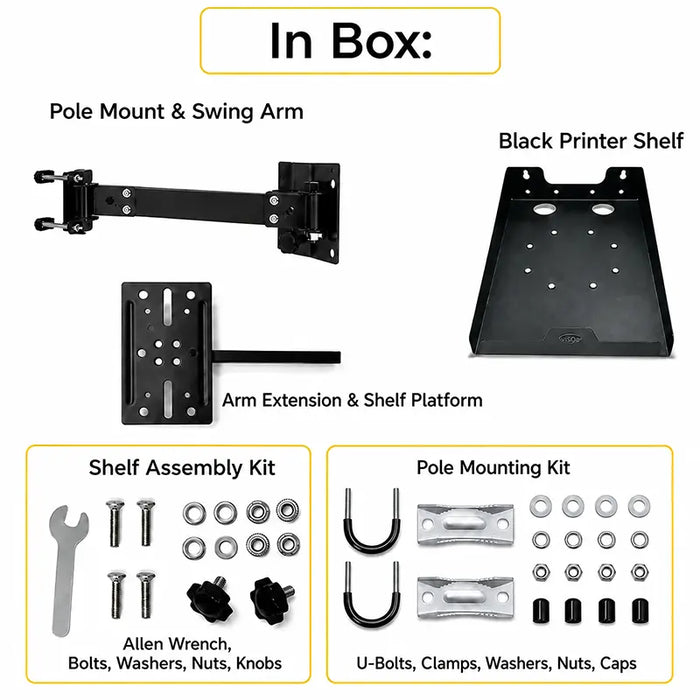 Agoz Brother printer pole mount package contents with swing arm, shelf, U-bolts, clamps, and assembly hardware.