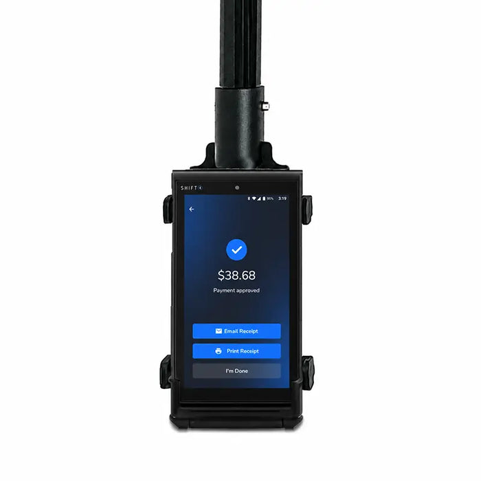 Shift4 Mobile POS Terminal held securely in AgozTech drive-thru handheld mount