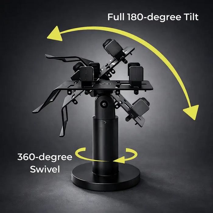 AGOZ countertop stand with PAX A800 mount showing 360-degree swivel and full 180-degree tilt for flexible positioning