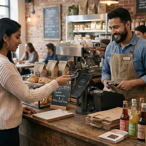 Customer paying for coffee bakery order on Toast Go 3 POS terminal mounted on AgozTech Stand