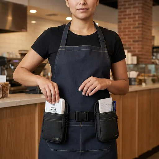 Restaurant employee wearing a black Agoz double pouch waist belt, removing a white Clover Flex terminal from one pouch while carrying guest checks and pens in the other.