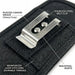 Annotated close-up of AgozTech holster back showing stainless steel belt clip, rugged canvas weave, reinforced stitching, and rivets