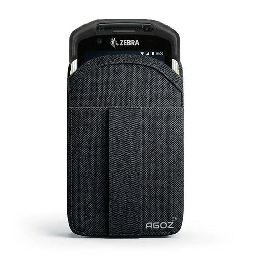 AgozTech black holster case holding Zebra TC77 handheld mobile computer, front view