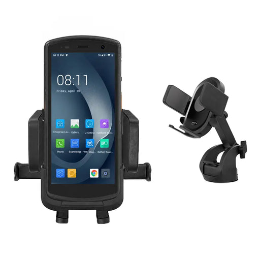 Urovo mobile computer secured in a vehicle cradle mount with dashboard mounting bracket shown on a white background.