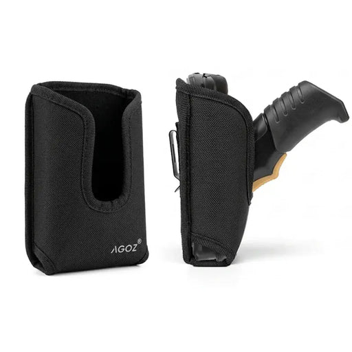 AgozTech black holster case for Zebra TC58 scanner with trigger handle, front and side view