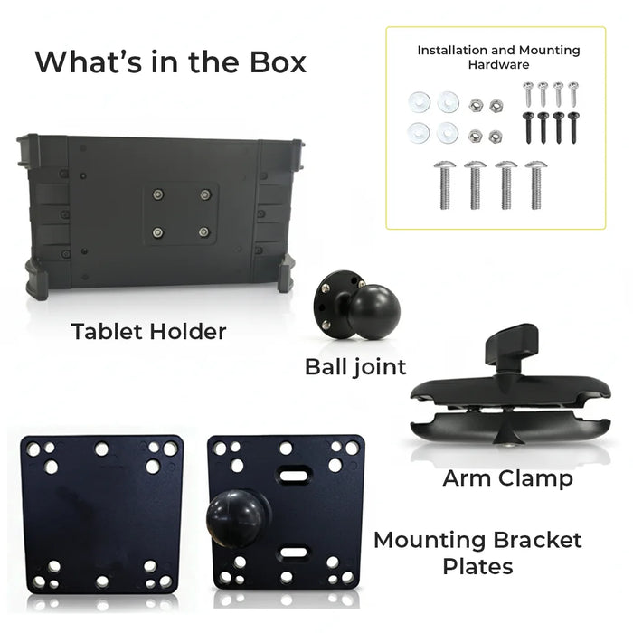 AGOZ iPad Tablet Mount Holder for Forklifts kit with tablet holder, ball joint, arm clamp, mounting plates, and installation hardware.